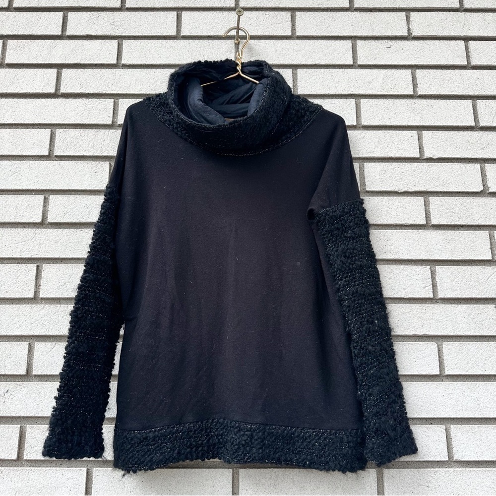 Generation Love Black French Terry Wool Blend Textured Sleeve Funnel Cowl XS/S